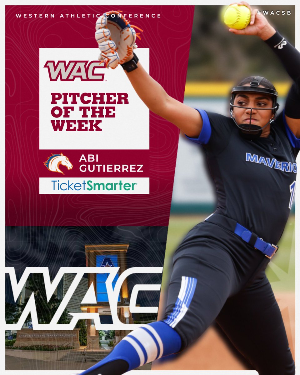 The Western Athletic Conference (@wacsports) on Twitter photo π₯ #WACsb PITCHER OF THE WEEK
presented by <a href="/TicketSmarter/">TicketSmarter</a>
<a href="/abi1827/">Abigail</a> | <a href="/UTAMavsSB/">UTA Softball</a>
β
0.82 ERA
β
19 Ks
β
17 IP
ποΈ tinyurl.com/kjvm92r4
#OneWAC π₯ #WACsb PITCHER OF THE WEEK
presented by <a href="/TicketSmarter/">TicketSmarter</a>
<a href="/abi1827/">Abigail</a> | <a href="/UTAMavsSB/">UTA Softball</a>
β
0.82 ERA
β
19 Ks
β
17 IP
ποΈ tinyurl.com/kjvm92r4
#OneWAC