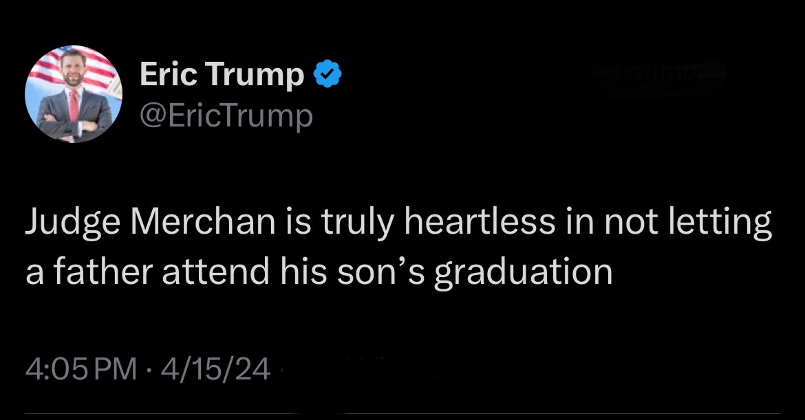 Your daddy was banging Marla after raping your mom and then banged Melania whilst still married to Marla and then banged a porn star while your brother was being born so I don't think it's Judge Merchan who is heartless.