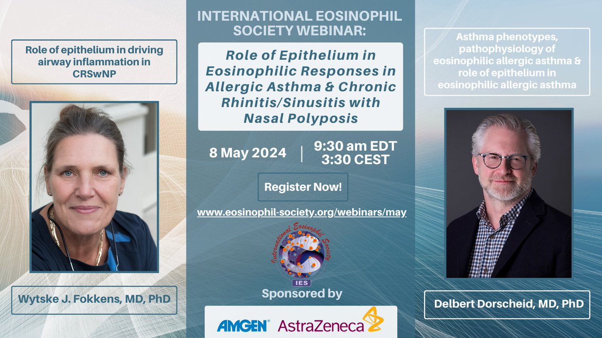 Join us on 8 May for our newest webinar focusing on the Role of Epithelium in Eosinophilic Responses in Allergic Asthma & Chronic Rhinitis/Sinusitis with Nasal Polyposis. Don't miss out, register now at: eosinophil-society.org/webinars/may