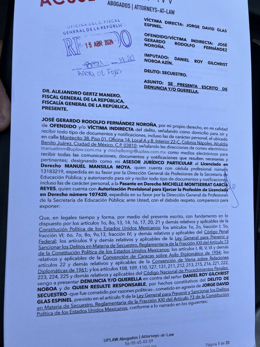 #ALMOMENTO | Gerardo Fernández Noroña interpone ante la FGR una denuncia por el asalto a la embajada de México en Ecuador, solicitando la detención de Daniel Noboa y su extradición a nuestro país