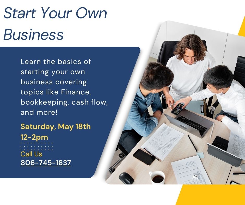 Are you ready to turn your business dreams into reality? Join us!#SmallBusiness #LubbockTexas #StartYourOwnBusiness #Financing

🗓️ Date: Saturday, May 18th 
⏰ Time: 12 - 2 PM
📍 Location: Patterson Branch Library

#SmallBusinessOwners #Entrepreneurship #BusinessWorkshop