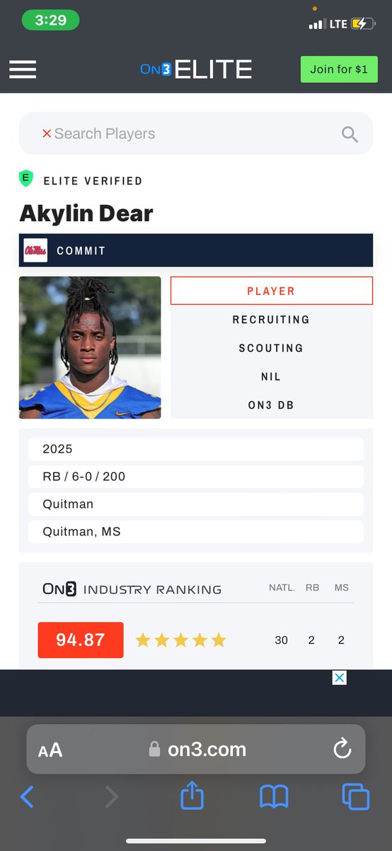 Ole Miss commit Ayklin Dear officially a 5 ⭐️ on ON3 he will continue to move up.