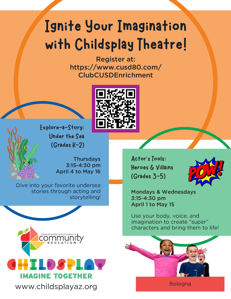 bolognascorpion's tweet photo. Childsplay is offering 2 classes right now from April to May - it's not too late to register!
Scan the QR code or visit: https://t.co/QUqsaW763C
#WeAreChandlerUnified #bolognascorpions #ScorpionPride #stingenergy #bthespark #clubcusd #childsplay https://t.co/70uk6fvyeM