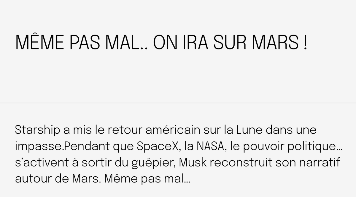 'Mars n’est qu’un horizon ; un horizon inatteignable ; un horizon qui, comme l’horizon terrestre, s’éloigne à mesure qu’on prétend s’en rapprocher ; un horizon perpétuel sur lequel Musk construit son narratif' EXCELLENT texte sur le bluff martiste de musk espaceutileblog.wordpress.com/2024/04/15/mem…