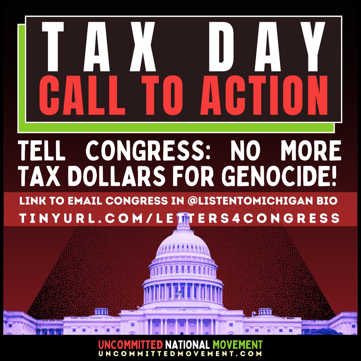 On tax day, tell Congress to stop using our tax dollars to fund genocide. Urge your members of Congress to halt military aid to Israel and work toward a permanent ceasefire in Gaza.