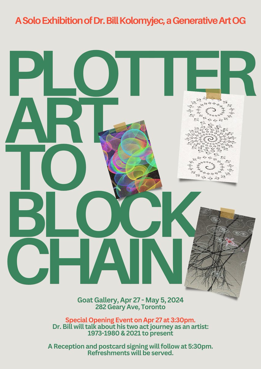Solo Show by a Generative Art OG <a href="/drbillkolomyjec/">William Kolomyjec</a> 
🗓️ Opening Apr 27
🕞 3:30pm talk
🕟 5:30pm reception and postcards signing
🍢 Refreshments served
🎟️ Free entry with a couple of fabulous upgrade options
👉 RSVP eventbrite.ca/e/plotter-art-…

#generativeart #exhibition #toronto