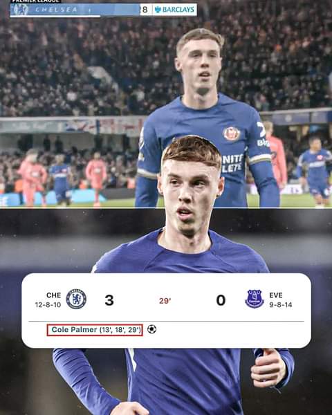 LEFT FOOT. HEADER. RIGHT FOOT. 🥶

COLE PALMER HAS A PERFECT HAT TRICK FOR CHELSEA LESS THAN 30 MINUTES INTO THE MATCH.

HE'S GOT BACK-TO-BACK PREMIER LEAGUE HAT TRICKS AT STAMFORD BRIDGE 🔥

#CheEve