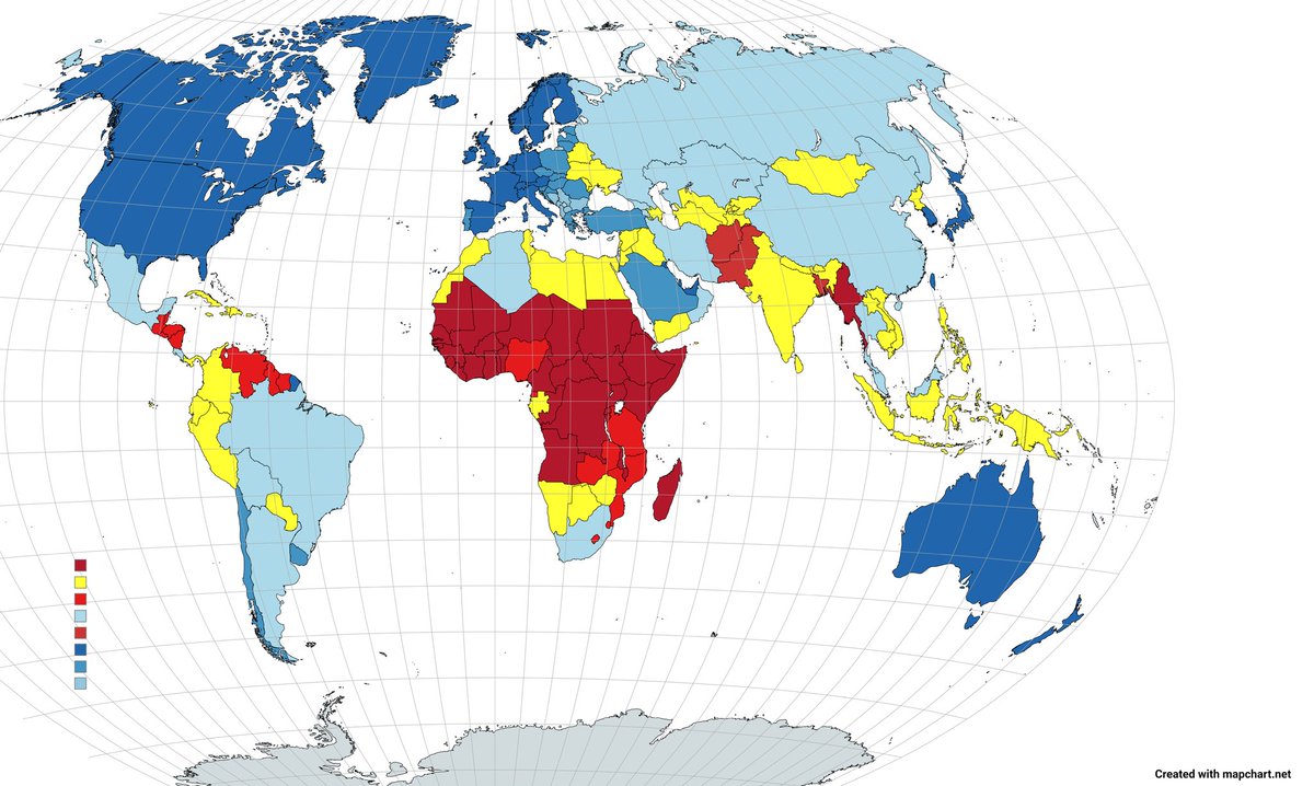 Voici une carte des pays les plus développés que j'ai créé moi-même en me basant sur plusieurs critères importants (espérance de vie, santé, taux d'alphabétisation, infrastructure, transport, IDH, PIB par habitant)
🟥 Mauvaise
🟨 moyen
🟦 Clair : Bien
🟦 Foncé : excellent