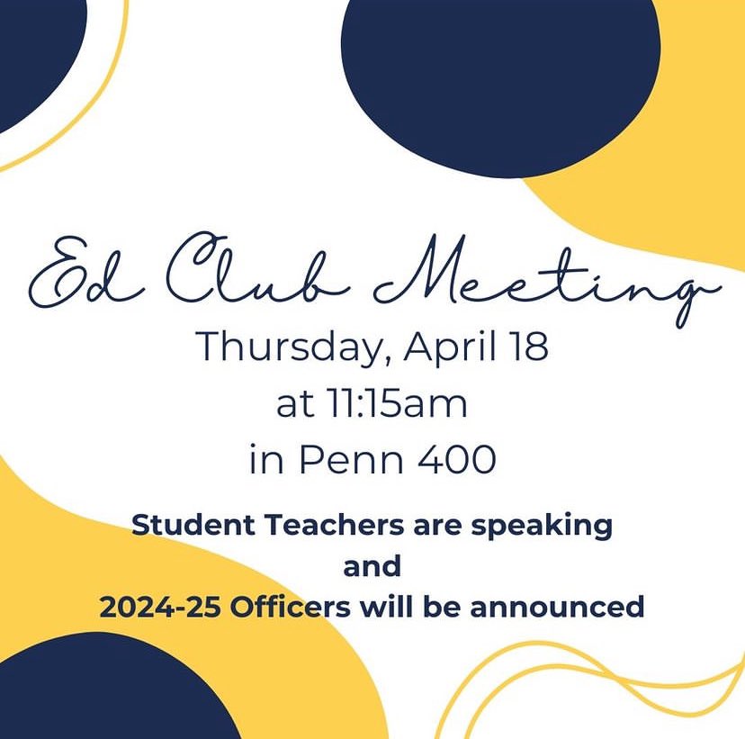 Come join us for our last meeting of the year! We will be in Penn 400 again, listening to some student teachers share their experiences and finding out who our next officers will be! #WmPennEd <a href="/WmPennEd/">William Penn Education Division</a>