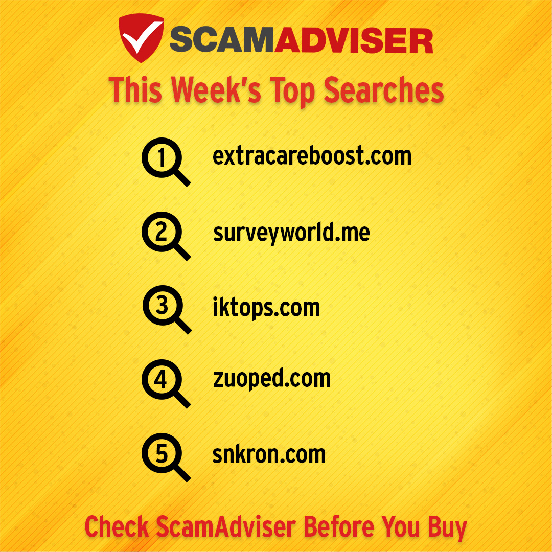 Each week, more than a million users visit ScamAdviser to know which websites are safe. Here are the week's most searched sites: 1. extracareboost-com 2. surveyworld-me 3. iktops-com 4. zuoped-com 5. snkron-com #scam #fraud #cybersecurity