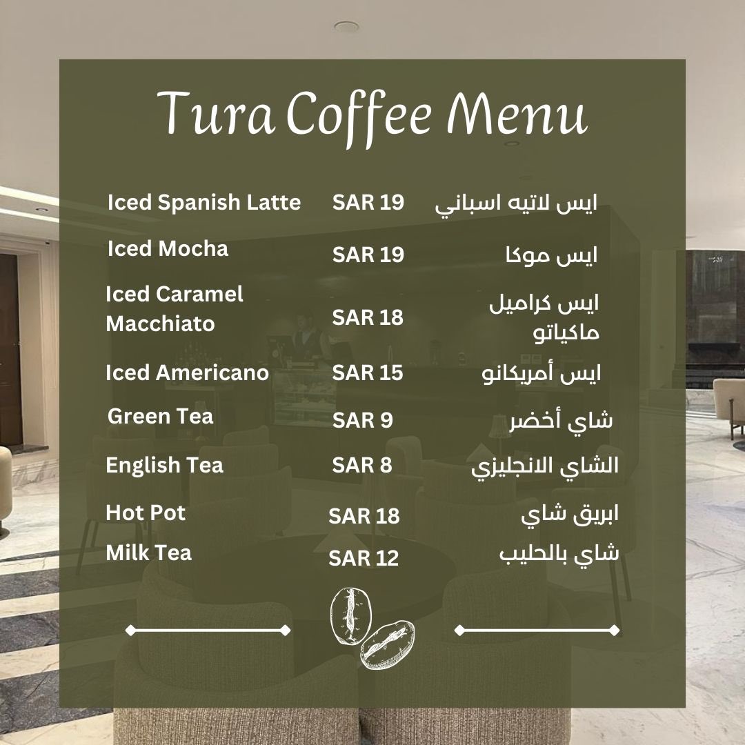 انغمس في سيمفونية النكهات في مقهى ترى ! قائمتنا عبارة عن مزيج من المأكولات الشهية التي ستثير ذوقك وتجعلك تتوق للمزيد. من القهوة العطرية إلى المعجنات الشهية، هناك ما يسعد كل الأذواق. تعال وتذوق جوهر الكمال معنا!

#turahotel #Saudiarabia #Riyadh #KSA