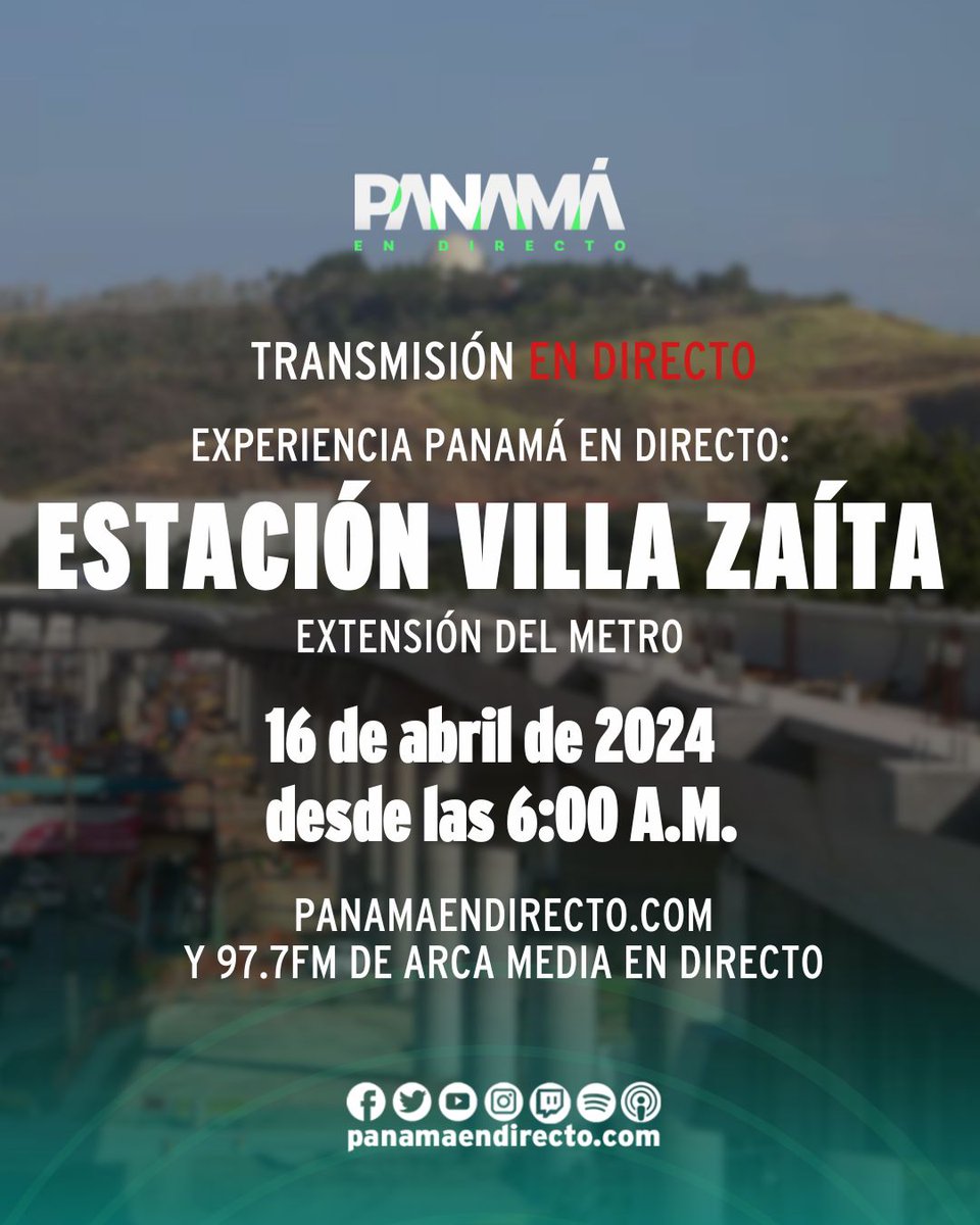 No te pierdas nuestra transmisión especial desde la extensión del Metro en Villa Zaita, este martes 16 de abril. Conéctate desde las 6:00A.M. por panamaendirecto.com y los 97.7fm de @ARCA_Media #PanamaEnDirecto