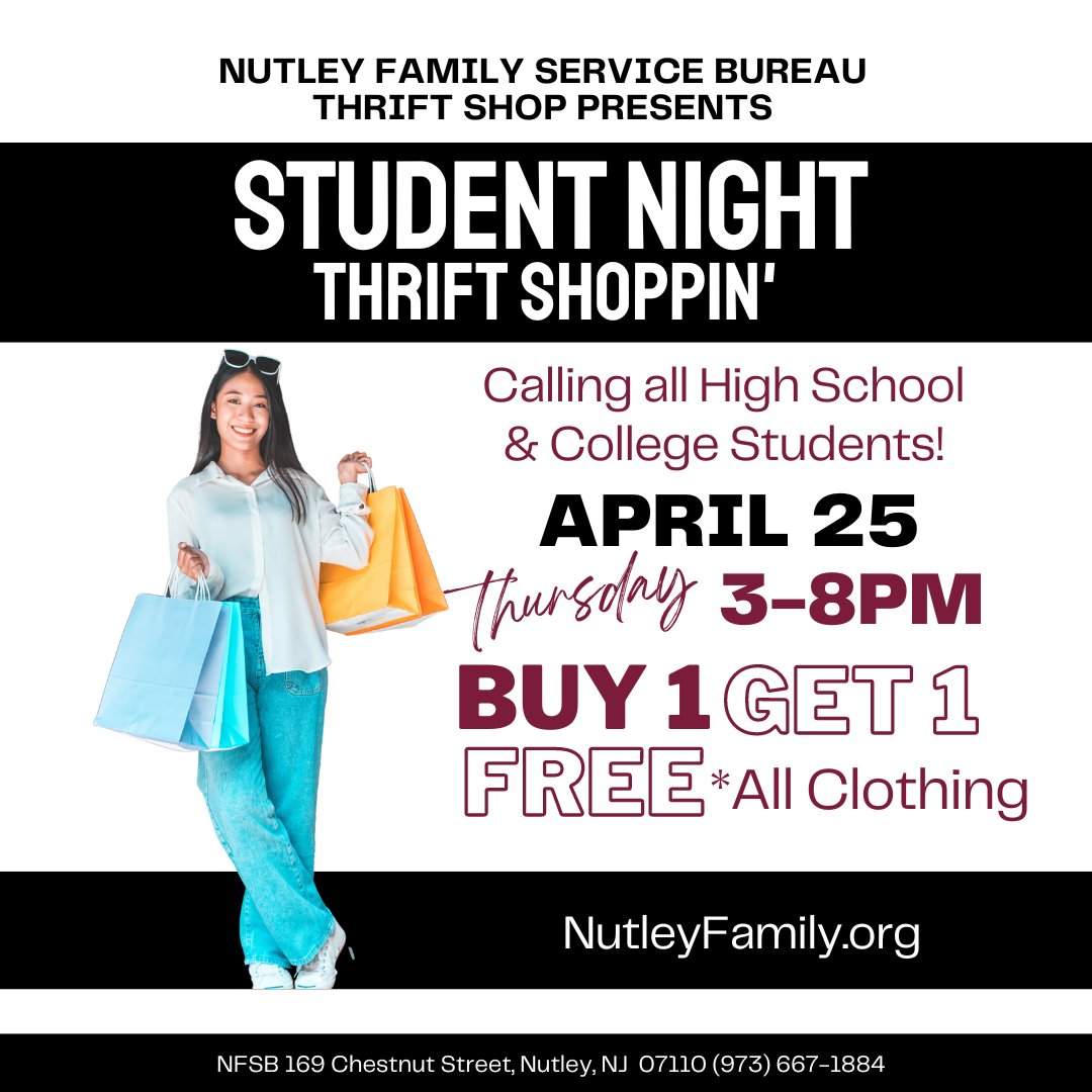 Join us at Student Night, Thursday, April 25th from 3-8pm. All students enjoy B1G1F on all clothing.