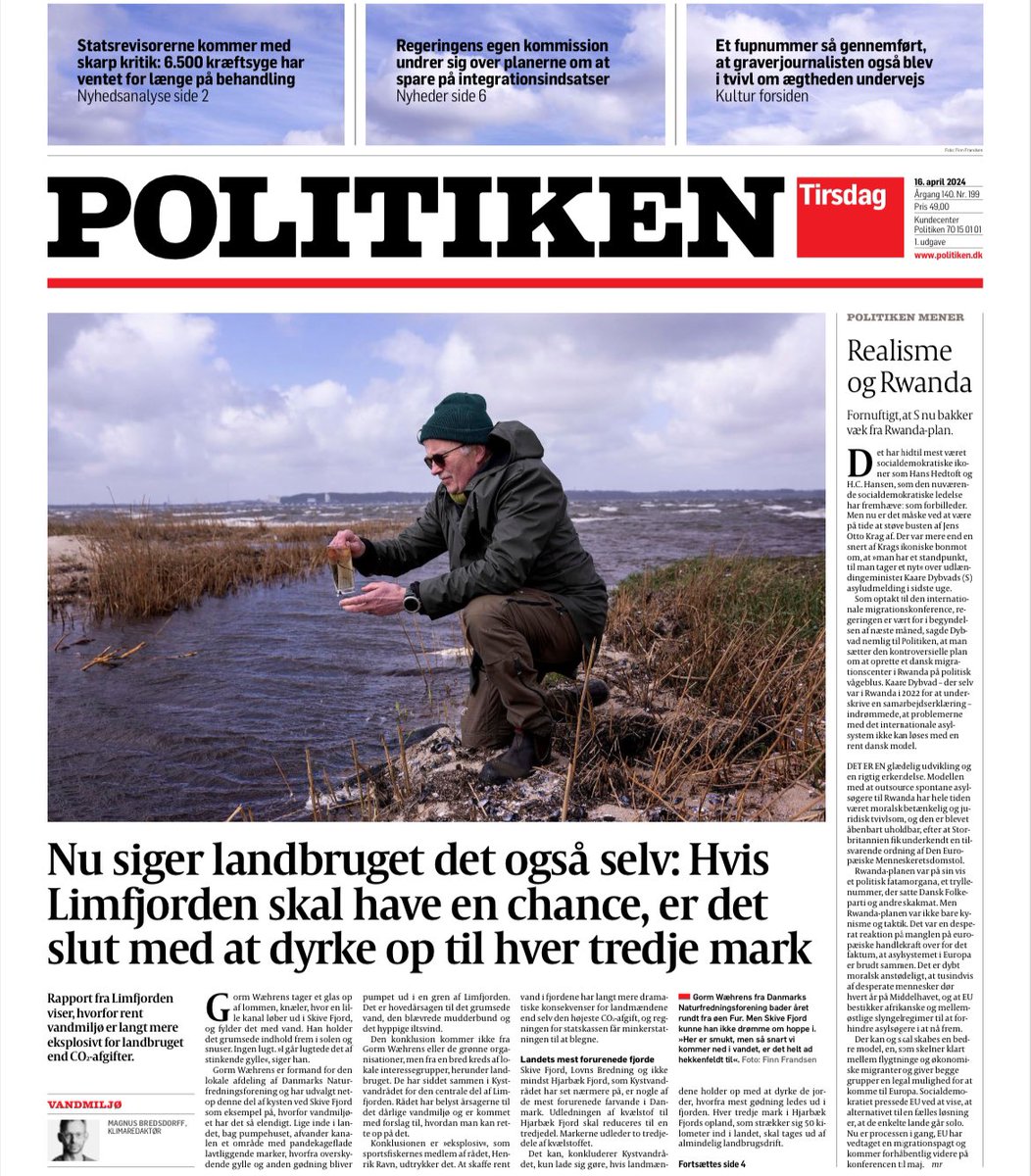 Så er lokalformanden for DN Skive-Salling, Gorm Wæhrens, på forsiden af Politiken med budskabet: Red Limfjorden og udtag store arealer fra dyrkning. Her i fint samspil med de lokale landboforeninger og politikere 👍