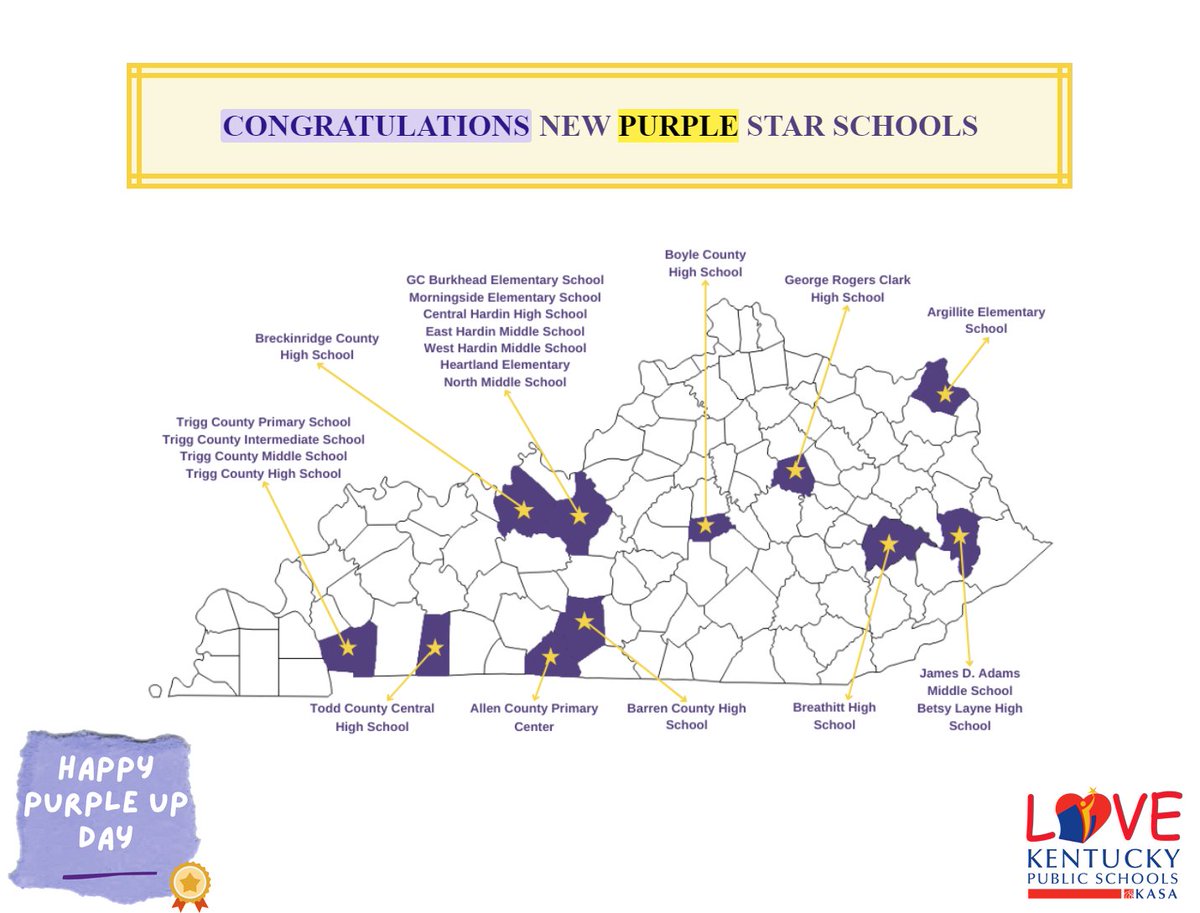 Big shoutout to Breckinridge County for having its High School selected as a Purple Star School along with 71 other KY Public Schools! 🎖️ Join us in recognizing their dedication to supporting military youth and families this #PurpleUpDay