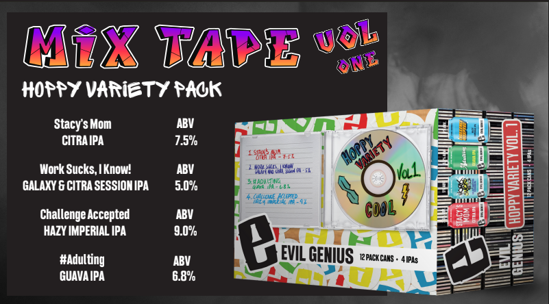 NOW AVAILABLE - Evil Genius Beer Company Mix Tape Vol. 1! All the hits come in this variety pack that is packed with hoppiness. Look for it today. #evilgenius #craftbeer #craftbeerlover #craftbrewery #beer #beerlover #beerlovers #beergeek #beernerd #jerseyshore #jersey #nj
