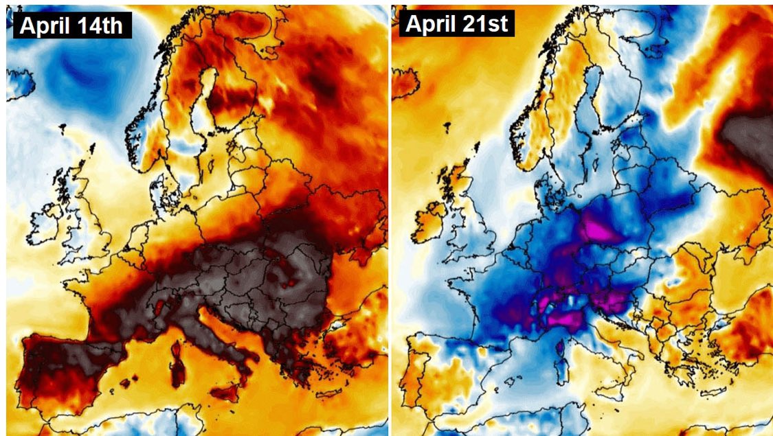 Otra vez más el tiempo va a cambiar de forma radical en Europa. Si ayer se han batido numerosos récords de calor, con temperaturas propias de verano… los modelos apuntan a un próximo fin de semana invernal en muchos puntos (no en España).