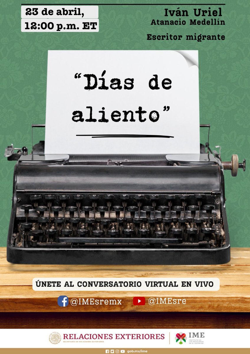 En el marco del Día Internacional del Libro, #TuConsulMexAtl te invita a participar en el conversatorio de la novela 'Días de Aliento', un viaje literario, con el escritor Iván Uriel Atanacio Medellín, galardonado con el Premio Nacional Aportación a las Letras Mexicanas.