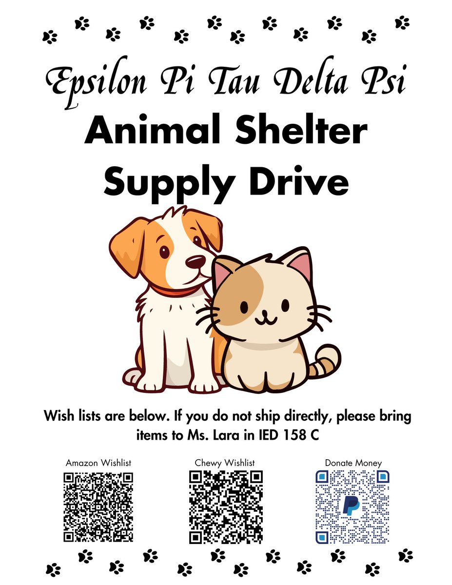 The Delta Psi chapter of Epsilon Pi Tau is hosting a supply drive for the Oktibbeha County Humane Society for their philanthropic activity. Help out some cute animals & support a great local organization! #EPTDeltaPsi @CollegeofEd_MSU