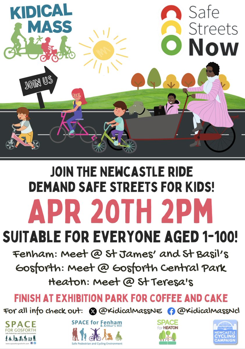 There's a family friendly #KidicalMass ride from Heaton to Exhibition Park at 2pm this Saturday. Join us and demand #SafeStreetsForKids from @NewcastleCC. @KidicalMassNE