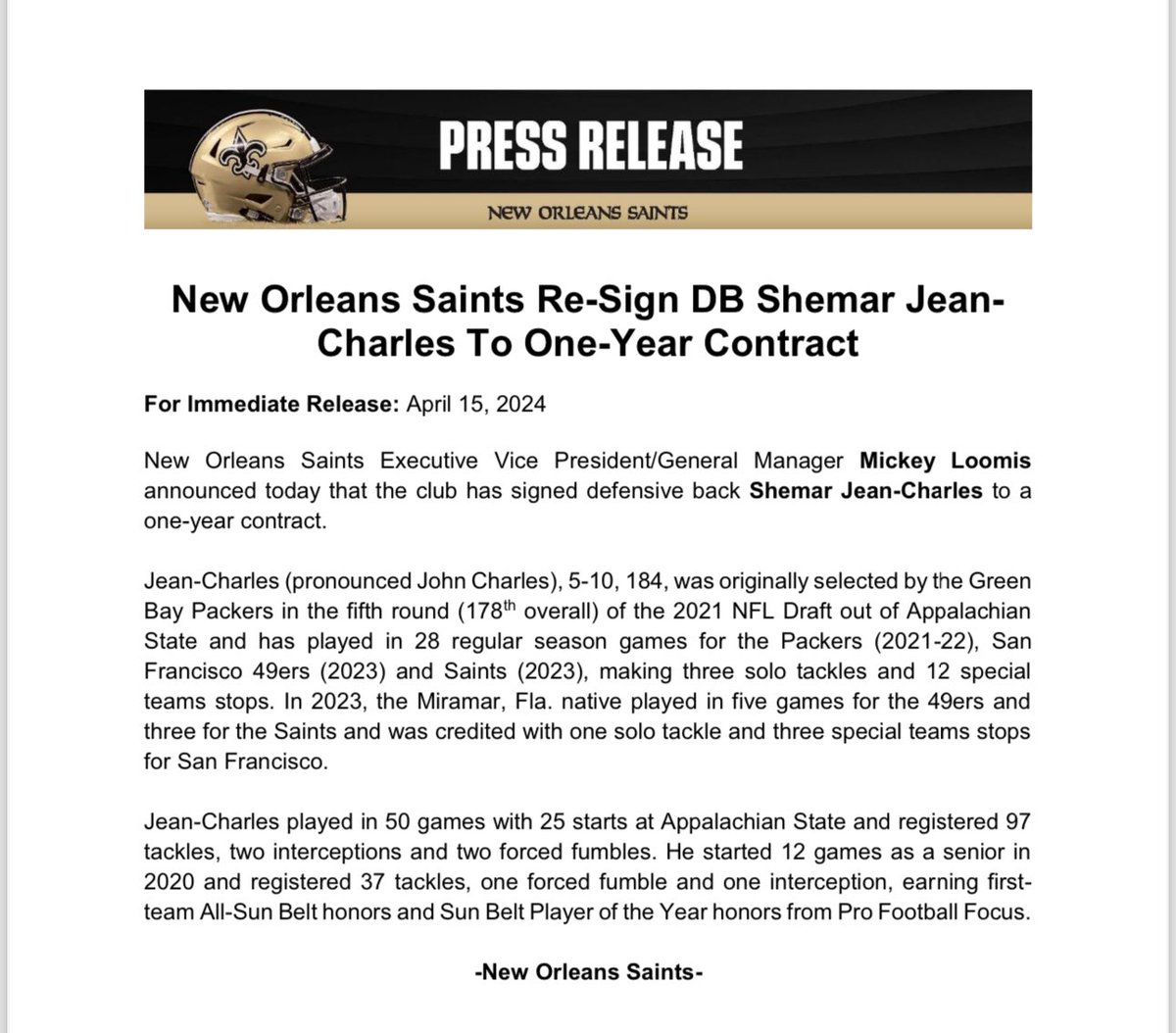 #Saints re-sign DB Shemar Jean-Charles