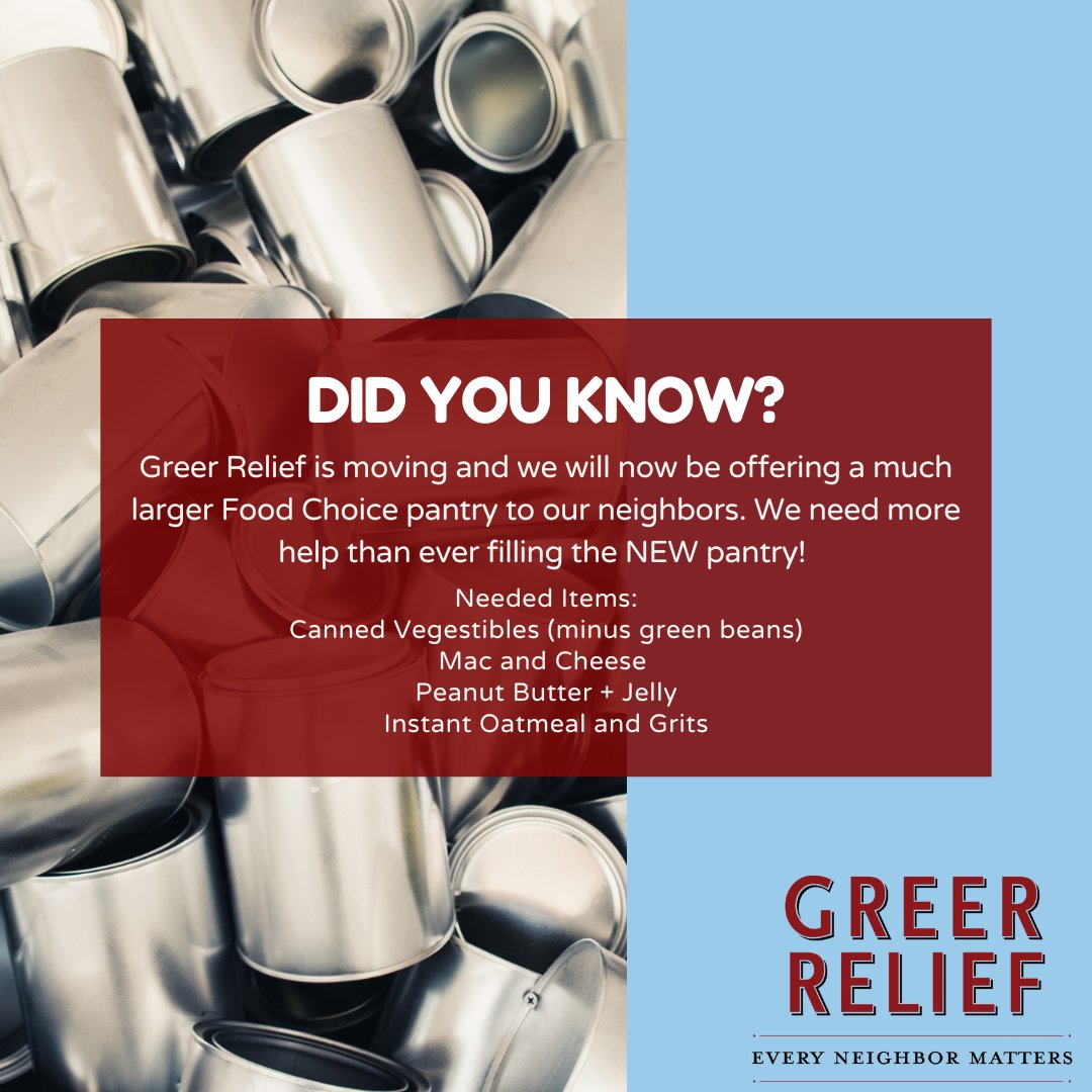 GreerRelief's tweet image. With Greer Relief settling into a bigger, better space, our pantry is ready to serve even more families in need.  But we need your help to stock it up! Let&apos;s come together and ensure no one in our community goes without. 
Every donation makes a difference.
#GreerRelief #Commu ...