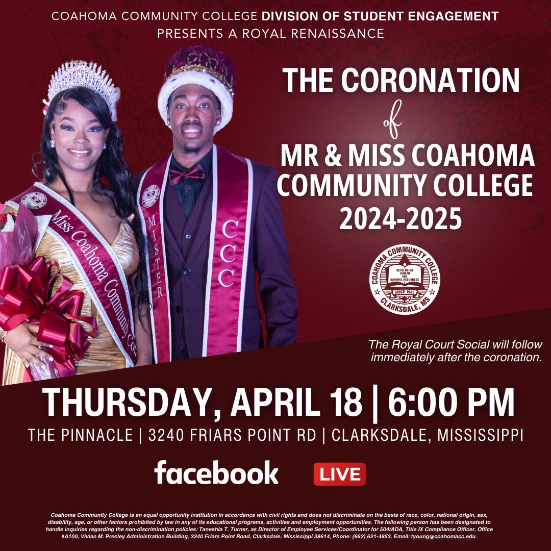 Get ready to witness the grandeur and elegance of the Coronation of Mr. & Miss Coahoma Community College 2024-2025: A Royal Renaissance! 🎉 Save the date for this majestic event on Thursday, April 18, 2024, starting at 6:00 PM at The Pinnacle. 👑🌟 #CoahomaProud #Since1949
