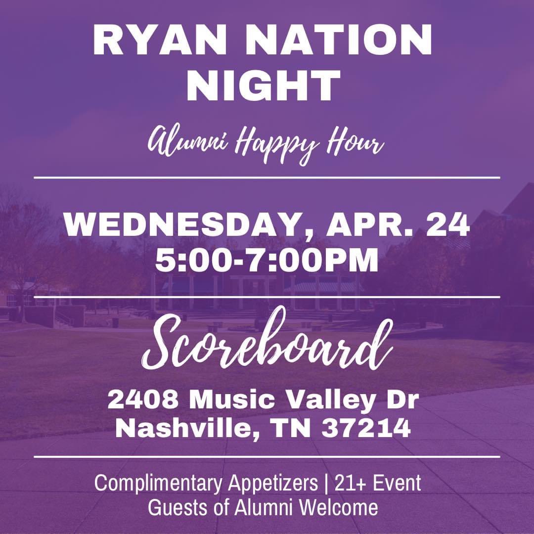 The Father Ryan Alumni Association invites you to join us for Ryan Nation Night! Reconnect with fellow alums and classmates on Wednesday, April 24, at Scoreboard Bar & Grill. Heavy appetizers will be available with your registration. Click to register: fatherryan.myschoolapp.com/page/event-det…