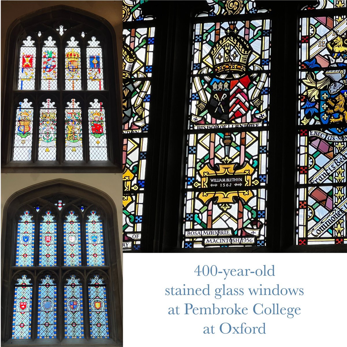 roots_humanity's tweet photo. These 400-year-old stained glass windows in the same hall of Pembroke College at Oxford, where the Believe in Him stained glass windows are on disply until April 16. The Believe in Him windows were desired and created by Holdman Studios. #stainedglass https://t.co/hew4zH8ikH