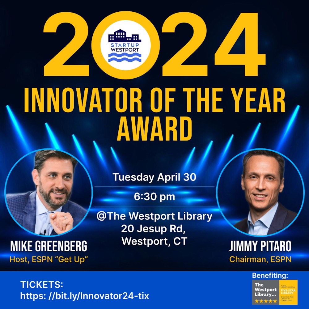 Sports media visionary and @ESPN Chairman Jimmy Pitaro is being honored by #StartUpWestport with its inaugural Innovator of the Year Award on April 30.

ESPN sports personality and Westport resident @Espngreeny Mike Greenberg, will interview Pitaro about his accomplishments.
