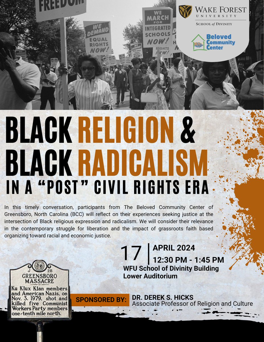 Join us for 'Black Religion & Black Radicalism in a 'Post' Civil Rights Era.' Guests from the Beloved Community Center, a grassroots faith-based organization dedicated to seeking justice, will share their experiences. 🗓️ Wednesday, April 17 | 12:30 - 1:45 p.m. | Lower Auditorium