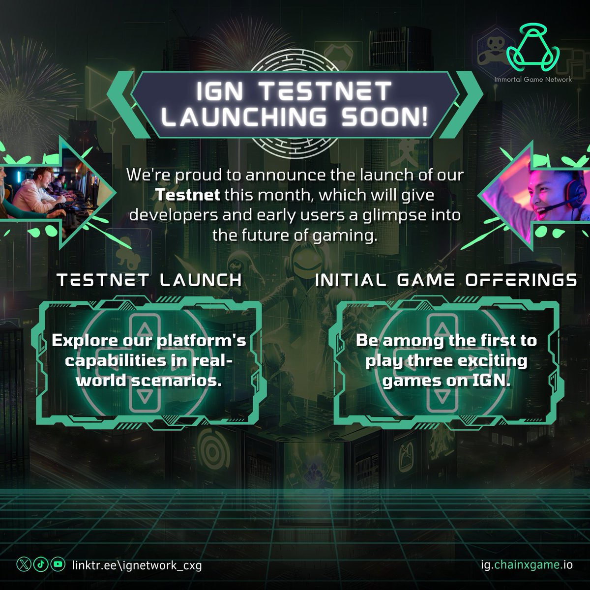 ign_cxg's tweet photo. Game history is about to change! We're launching our Testnet this month, giving developers a peek into the future of gaming.  

Get a real-world look at our platform's capabilities and see three new games on it, which will set the standard for content &amp; community engagement. #IGN https://t.co/fWZjIR4G86