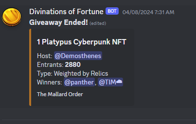 Relic holders still winning NFT's from just holding. These lucky winners got themselves a nice @platypusCNFT