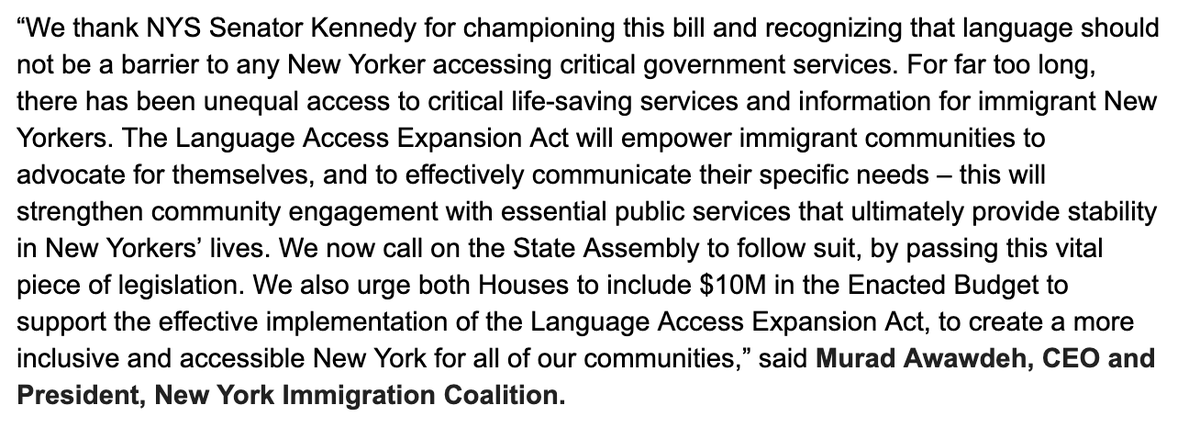 🚨 STATEMENT: Immigrant Rights Advocates and Elected Officials Celebrate Senate’s Passage of the Language Access Act 'The Language Access Expansion Act will empower immigrant communities to advocate for themselves...' @HeyItsMurad 🔗: nyic.org/2024/04/immigr…