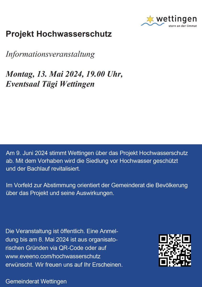 Informationsveranstaltung zum Hochwasserschutz in Wettingen. Informieren Sie sich aus erster Hand über dieses wichtige Projekt für Wettingen und weshalb es auch zu mehr Biodiversität und naturnaher Gestaltung im Siedlungsgebiet beiträgt.