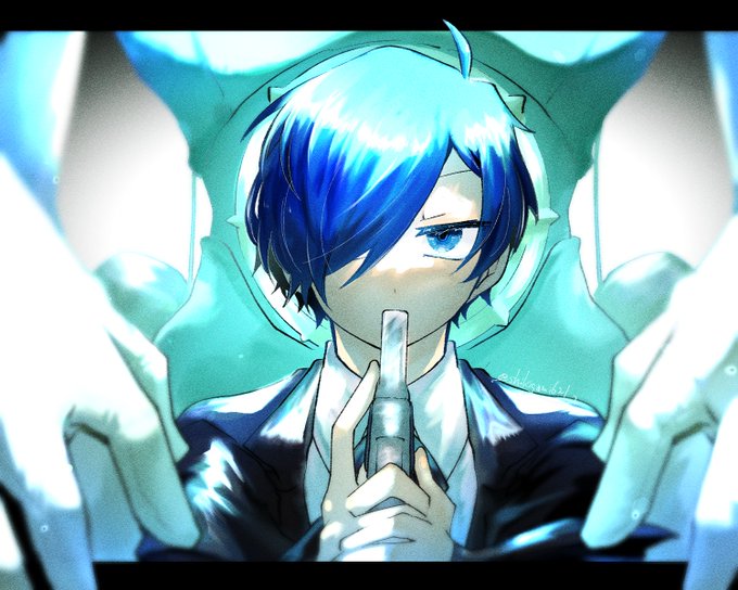 「blue hair one eye covered」 illustration images(Latest)