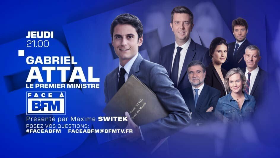 📺 À l’occasion de ses premiers 100 jours à Matignon, @GabrielAttal sera l'invité exceptionnel de de Maxime Switek dans #FaceABFM ce jeudi 18 avril dès 21h. — Pouvoir d'achat, insécurité, menace terroriste... le Premier Ministre répondra aux questions des figures de la chaîne.