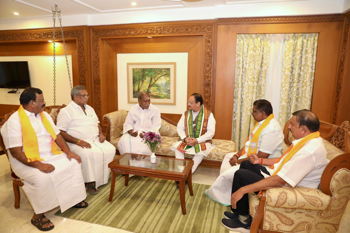 Glimpses from BJP National President Shri @JPNadda's meeting with the CM of Puducherry, Shri N. Rangaswamy.