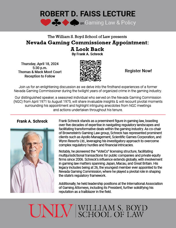 Join us for the Robert D. Faiss Lecture on Gaming Law and Policy this Thursday at 5:30pm at the Thomas & Mack Moot Court. The lecture will be given by Frank A. Schreck. Register now at eventbrite.com/e/cle-robert-d….