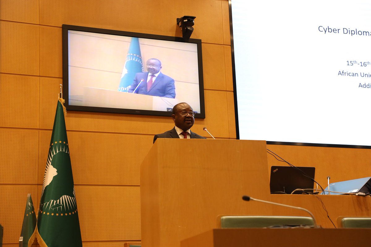 Delivering opening remarks on behalf of Comm. @Bankole_Adeoye, Amb. Calixte Mbari, Head of AU DEC, said 'We are also witnessing cyberspace increasingly becoming a new ground for geopolitical competition& sometimes attacks against national security. Therefore, the need to ...(1/2)