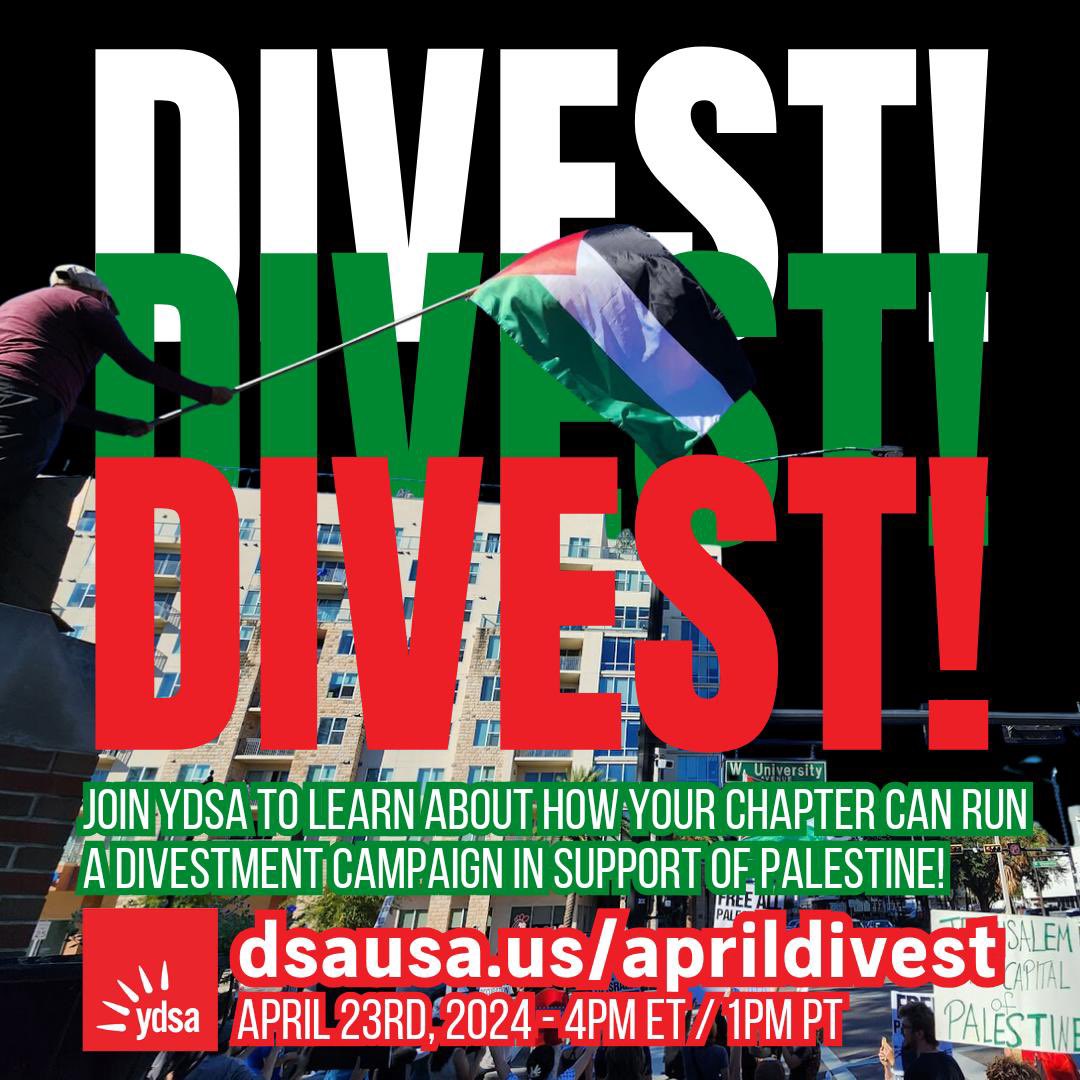 Is your chapter engaged in Palestine solidarity work? Are you concerned about how to stay safe in case of retaliation? On April 23, learn from YDSA organizers about coalition building, identifying targets for divestment, and launching successful pressure campaigns!