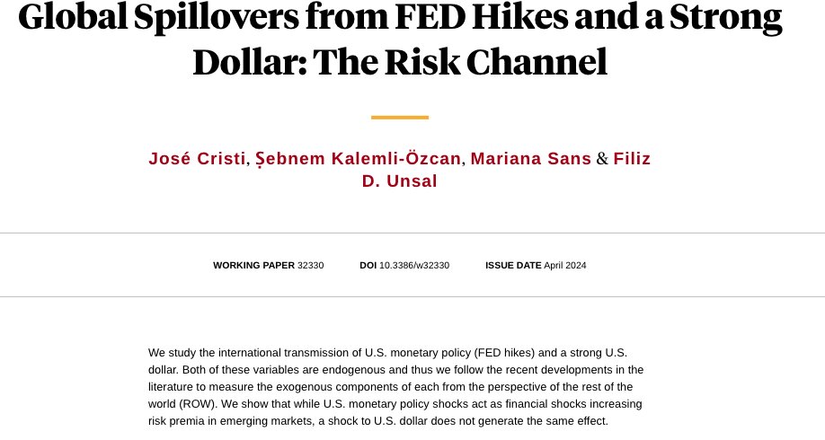 MacroPru's tweet image. Global #Spillovers from FED Hikes and a Strong Dollar: The Risk Channel @nberpubs @skalemliozcan @dfilizunsal @ji_cristi nber.org/papers/w32330