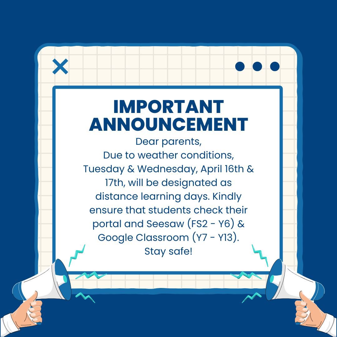 Providencesch's tweet photo. Important Announcement: Dear Parents and Students, Due to weather conditions, Tuesday &amp; Wednesday, April 16th &amp; 17th, will be distance learning days as announced by SPEA. Students must check Portal &amp; Seesaw (FS2 - Y6). Portal &amp; Google Classroom (Y7 - Y13). Stay Safe ! https://t.co/Kg4Yzs3V7q