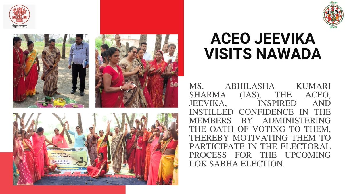Ms. Abhilasha Kumari Sharma (IAS), ACEO, @brlps_jeevika, inspired and instilled confidence in the members by administering the oath of voting in the ongoing Election Awareness Camapign, thereby motivating them to participate in the electoral process for the upcoming Election.