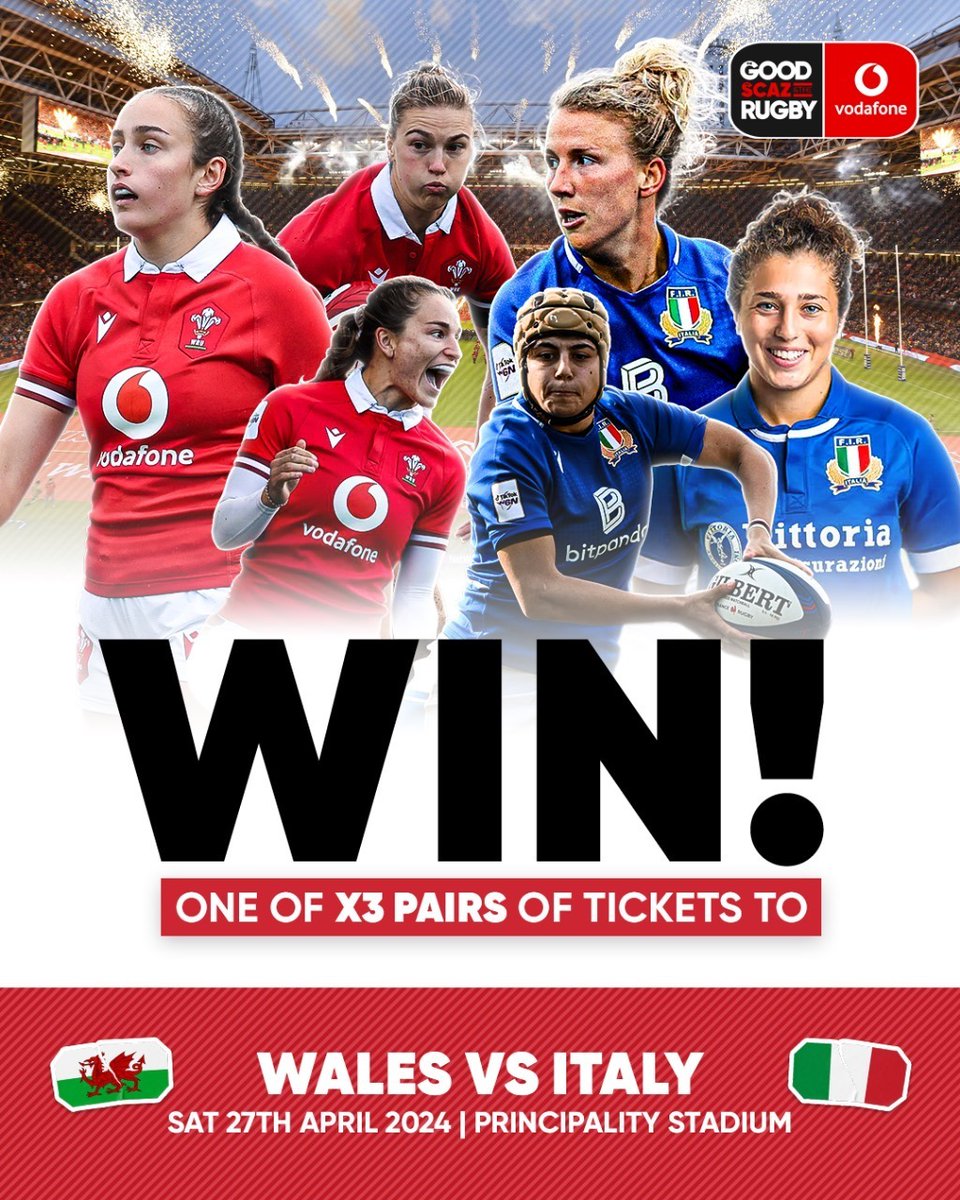 Together with @VodafoneUK, thanks to their partnership with Welsh Rugby Union, we're providing THREE lucky winners with tickets to Wales v Italy on the 27th April 2024 in the #GuinnessW6N To enter: 1️⃣ Like this post 2️⃣ Follow @GoodScazRugby and @VodafoneUK #FeelTheConnection