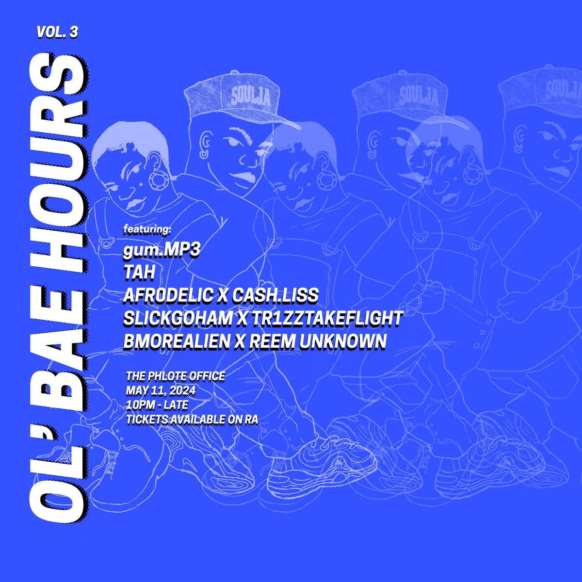 @_CalvoMusic and myself are excited to present Ol’ Bae Hours Vol. 3 @bmorealien x @reemunknown @afr0delic x @cashgotcash @slickgoham x @TTFPROD @TAH_HEAUX @gum_mp3 Tickets go on sale this Friday. 10pm-late. May 11. See y’all then. 🏁