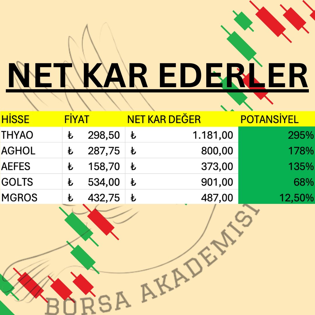 2023 4. çeyrek bilançolarına göre şirketlerin net kar değerleri:
#THYAO 
#AGHOL 
#AEFES 
#GOLTS 
#MGROS