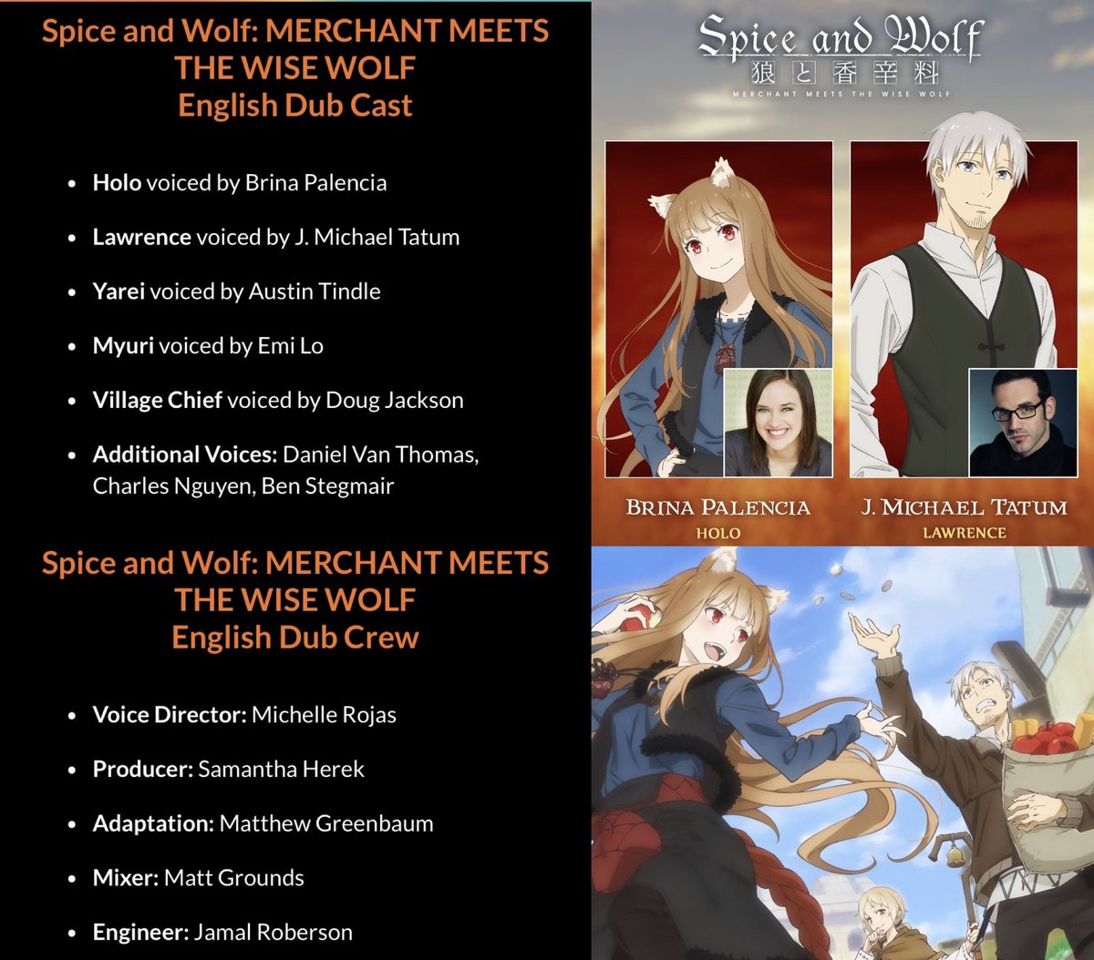 How wonderful to have our good friends the wise wolf and the merchant back!☺️ Welcome back @JMichaelTatum and #BrinaPalencia, and Congratulations to everyone who will be bringing this beloved tale back to us! #SpiceAndWolf @littleramyun @austintindle @KitsuneSqueak @jrdabest23