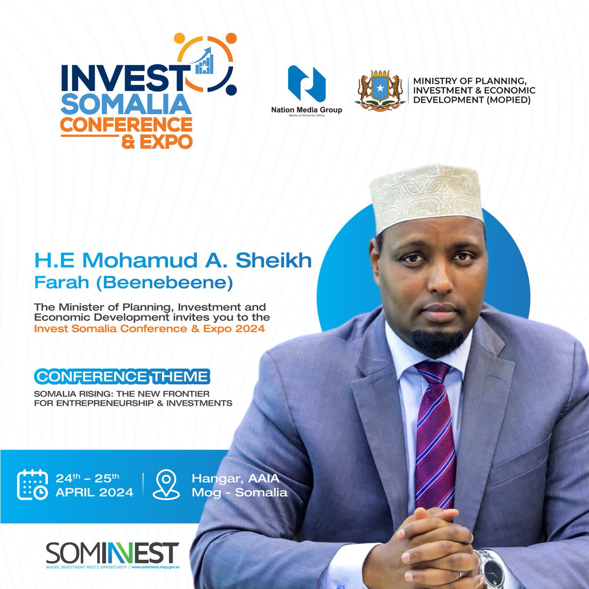 It is my pleasure to invite you to the Invest Somalia Conference & Expo 2024, scheduled to take place on April 24th and 25th, 2024, in Mogadishu, bringing together investors from EAC, international investors in the region, business leaders, & the IPAs of the EAC Partner States.