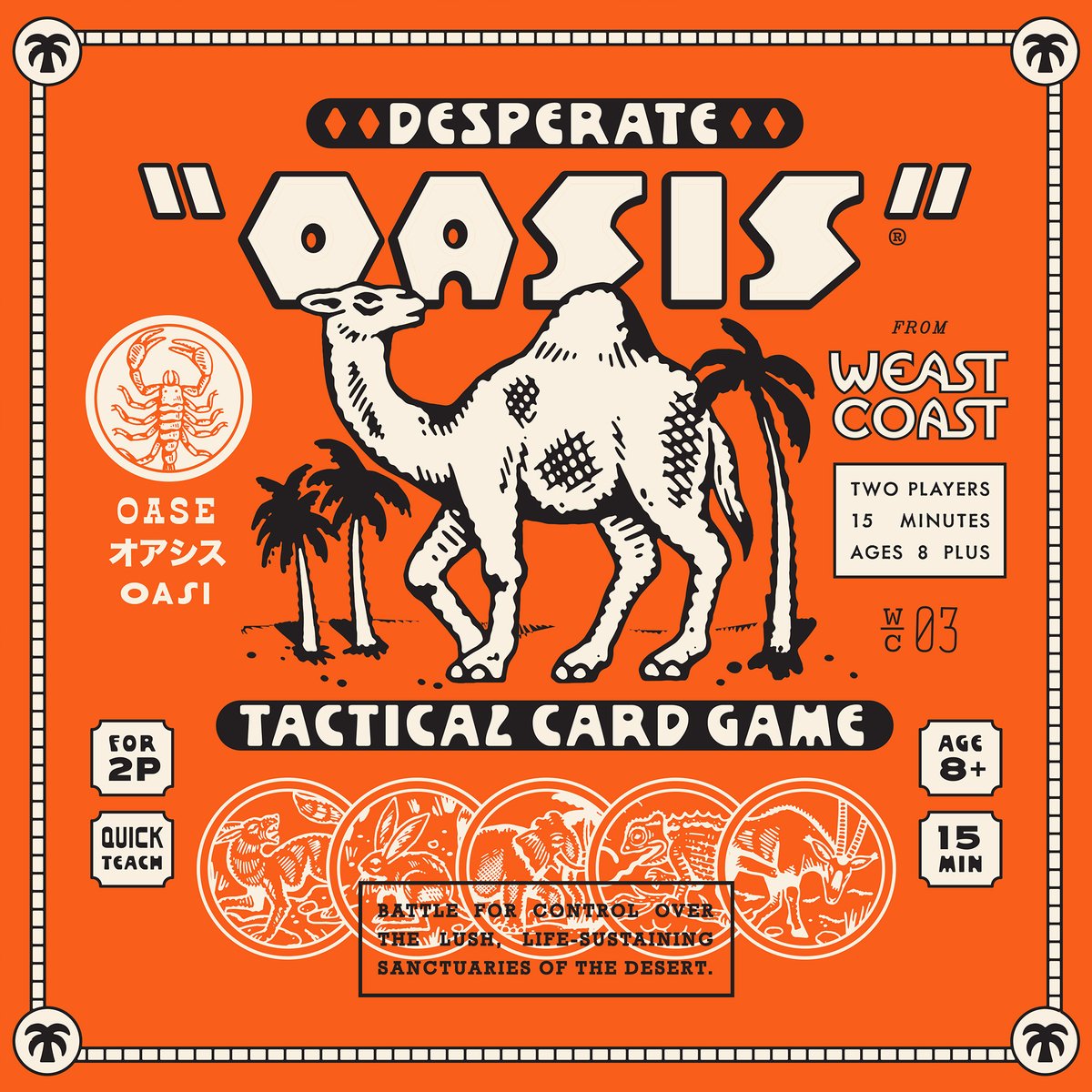 DESPERATE OASIS, a small box card game with a big table presence. It's a quick-teach dueling game with clever cardplay, great components, and some really rude scorpions. Games last 15 minutes and the whole game fits in your pocket. I think you'll love it. instagram.com/weastcoaststud…